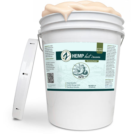Zatural Hemp Hot Cream 5 Gallon bottle, cream flowing out