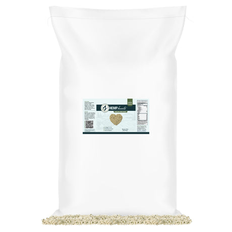 White bag of hemp seeds with a label on a white background