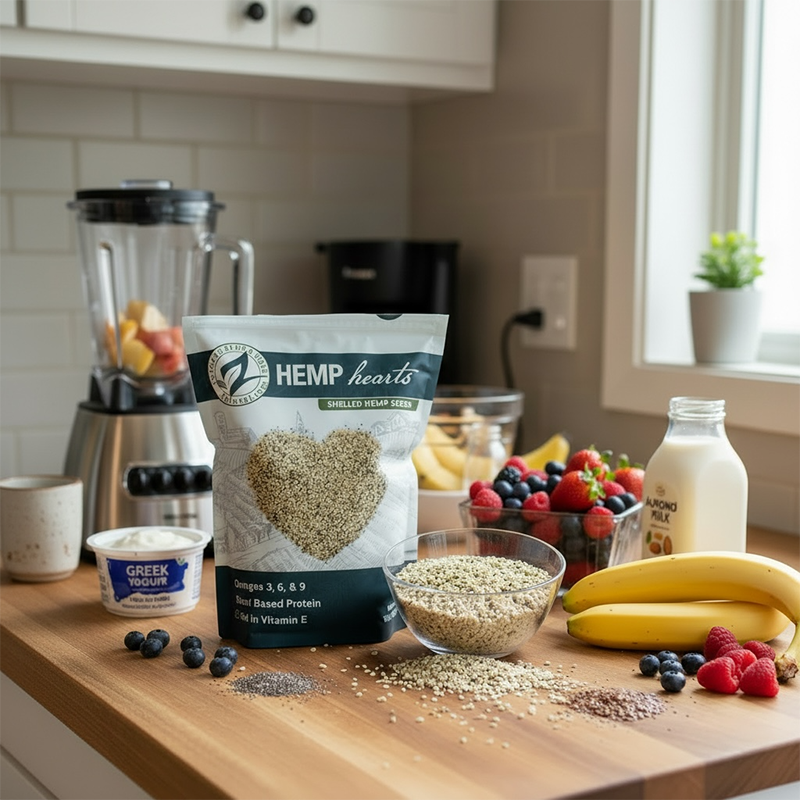 Zatural hemp hearts in a bowl in a kitchen