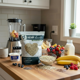 Zatural hemp hearts in a bowl in a kitchen