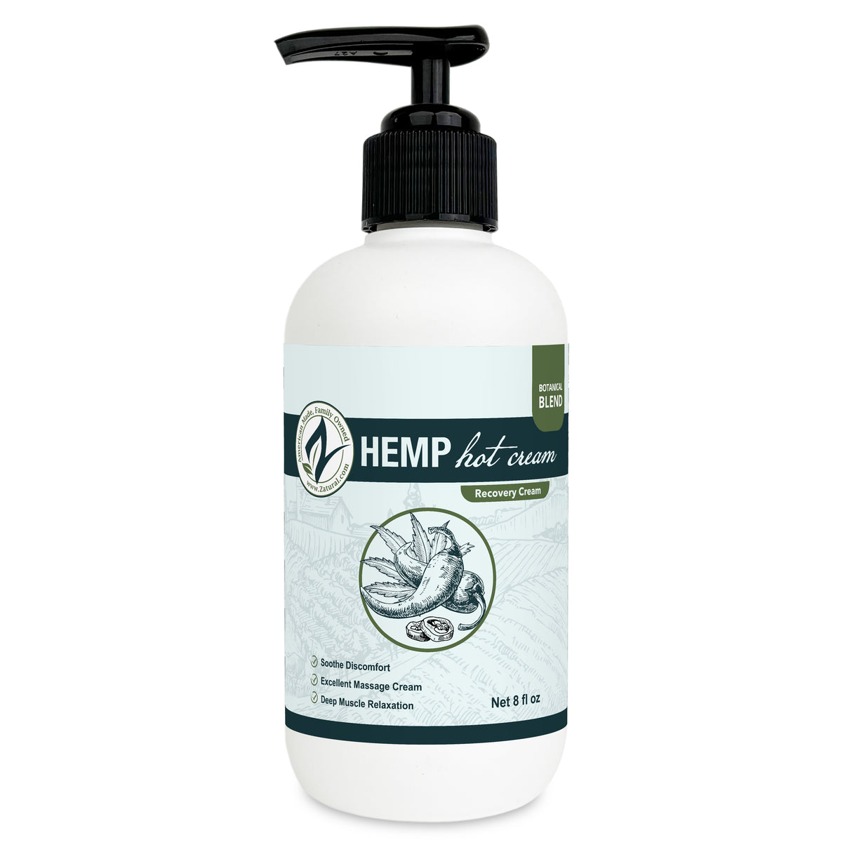 Zatural Hemp Hot Cream 8oz bottle, front side of label