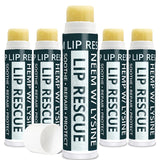 Multiple lip rescue products with green and white packaging on a white background
