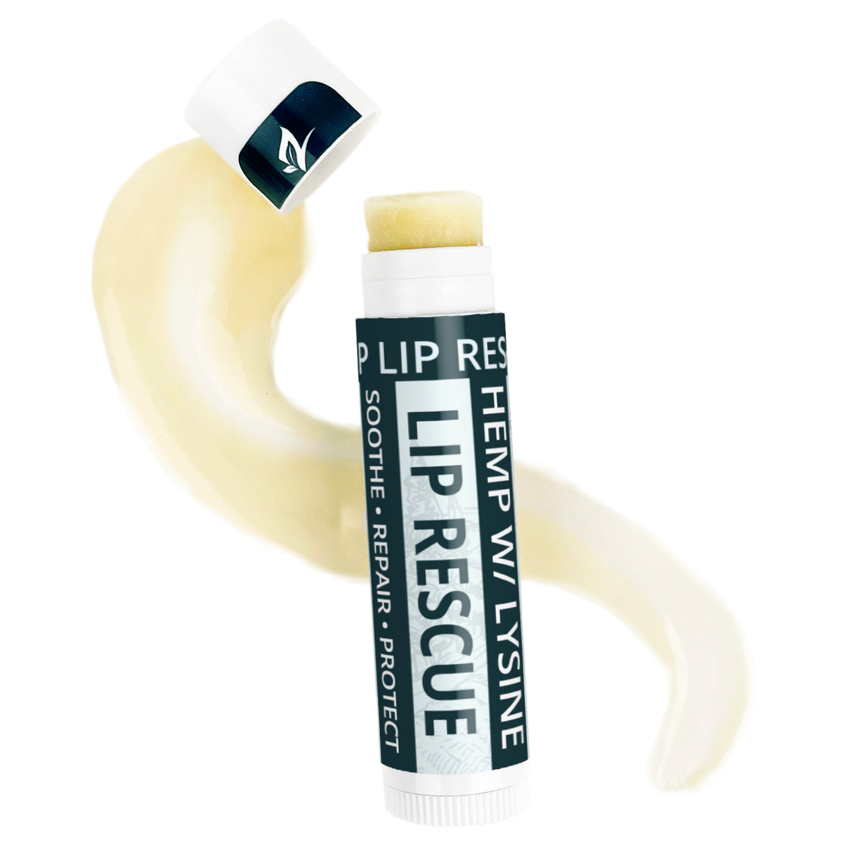 Lip balm stick with 'Lip Rescue' branding on a white background