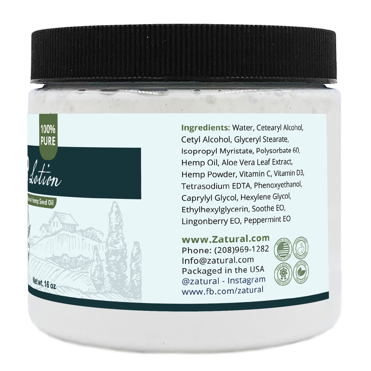 Zatural Hemp Lotion 16oz Right side of the label