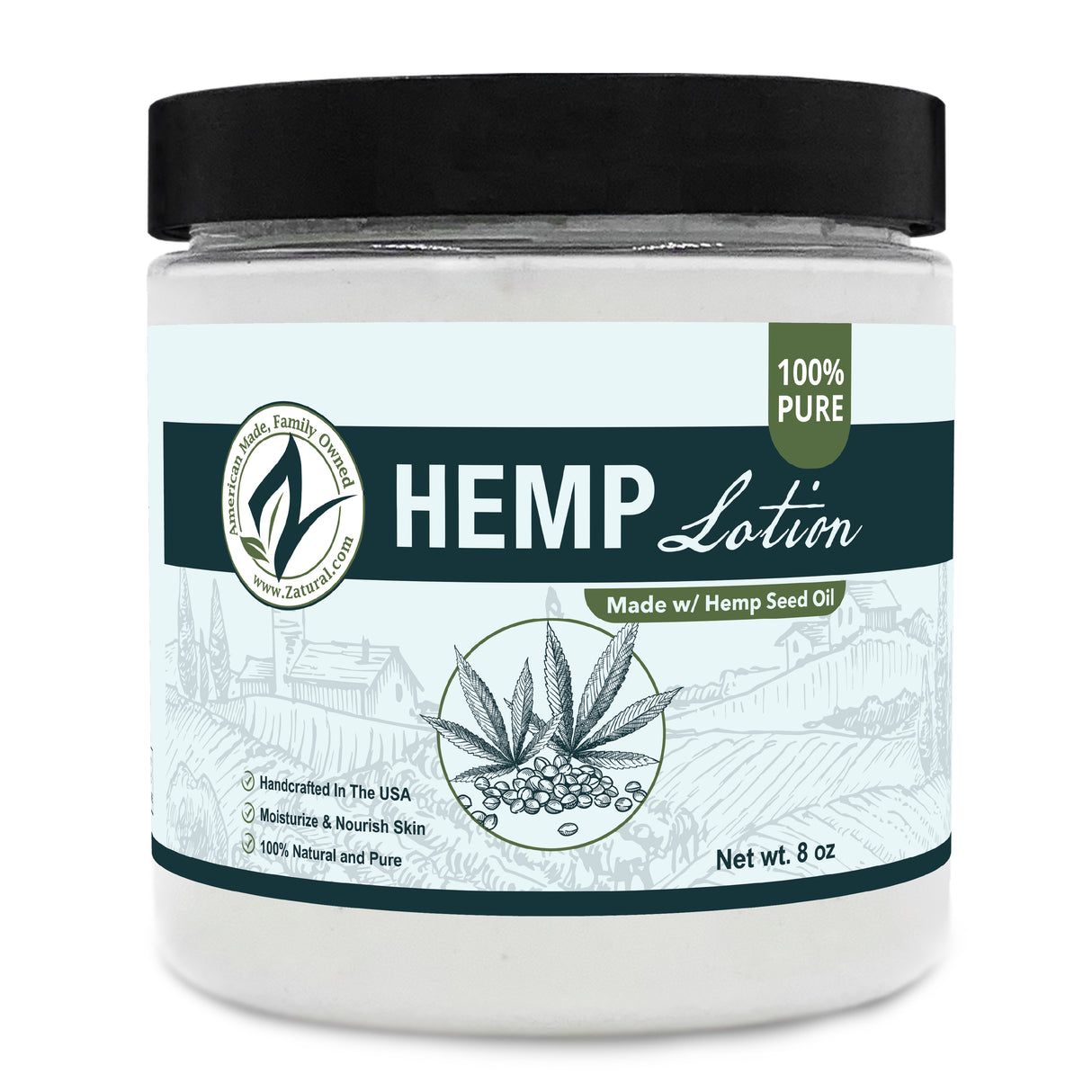 Zatural Hemp Lotion 8oz Front side of the label