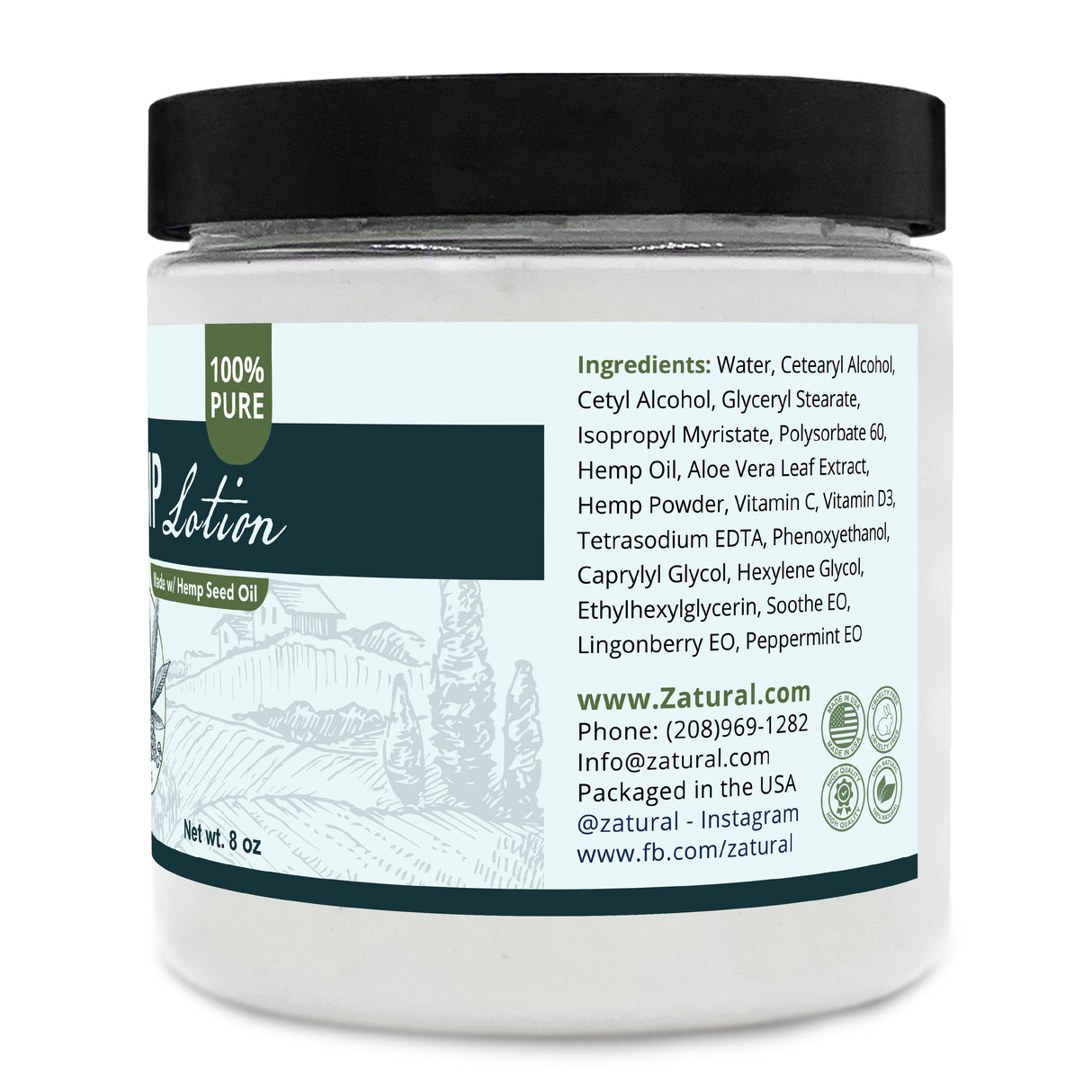 Zatural Hemp Lotion 8oz Right side of the label