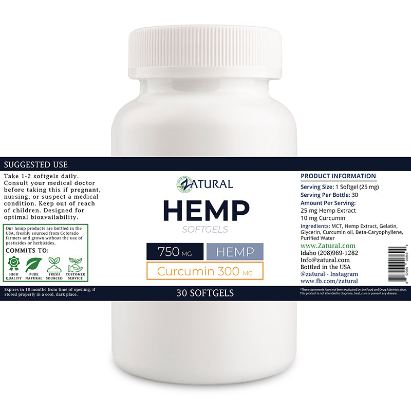 Hemp Extract Softgels With Curcumin 30 count label