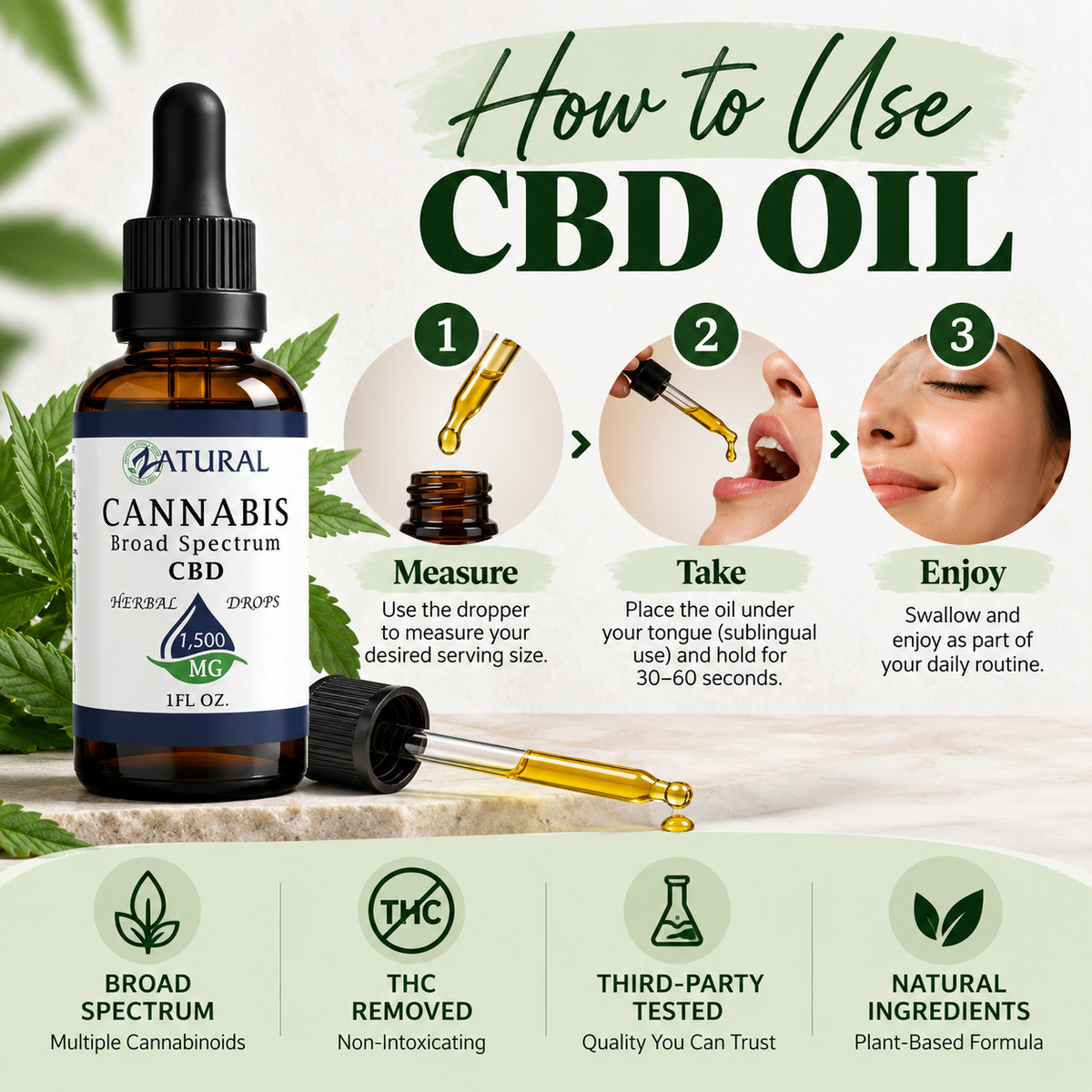 An informational product graphic for a bottle of Natural Cannabis Broad Spectrum CBD oil, showing a 1 fl. oz.