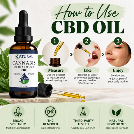 An informational product graphic for a bottle of Natural Cannabis Broad Spectrum CBD oil, showing a 1 fl. oz.