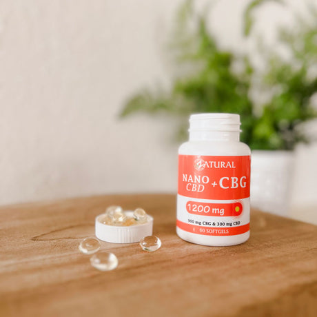 CBD + CBG Softgels 60 count on the table