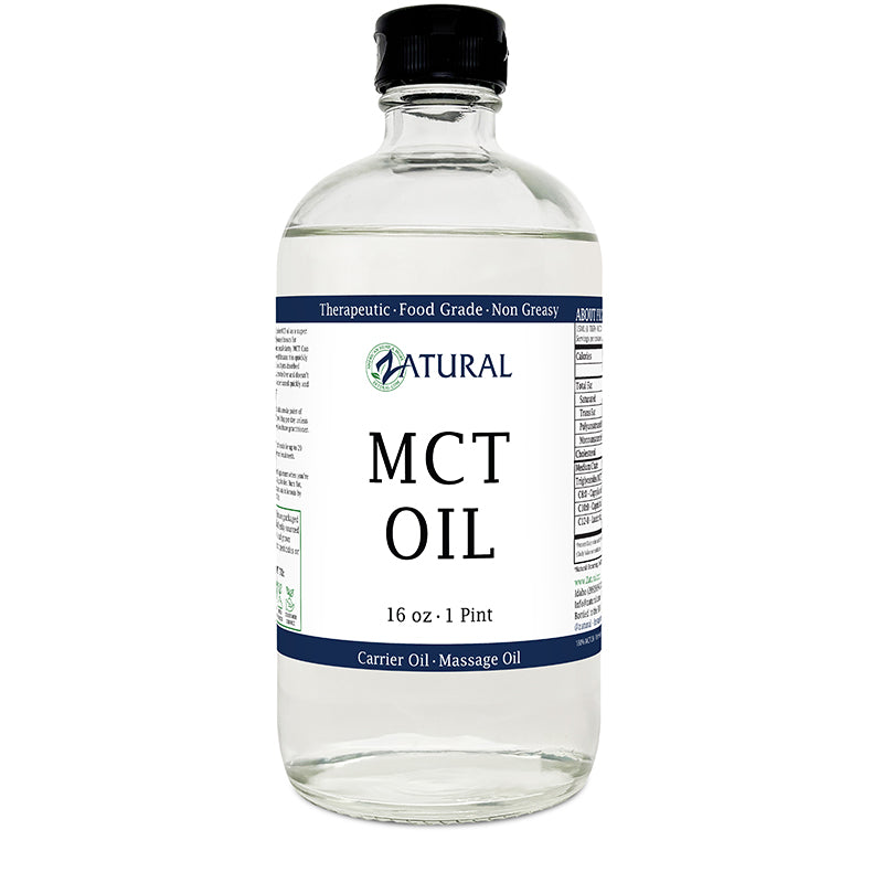 Bottle of MCT oil with a label on a white background