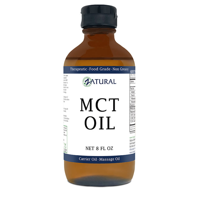 Bottle of MCT oil with a label on a white background