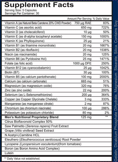 Supplement facts label with detailed nutritional information for men's multivitamin