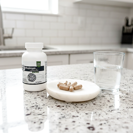 Zatural Mushroom Capsules with capsules on a plate