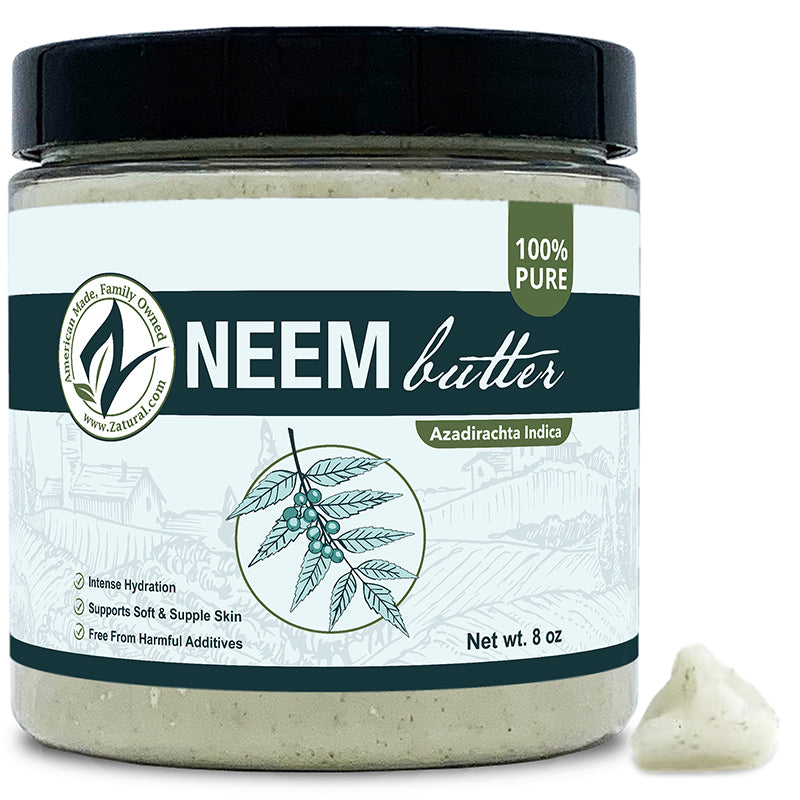 Zatural Neem Butter 8oz with a piece of neem on the outside