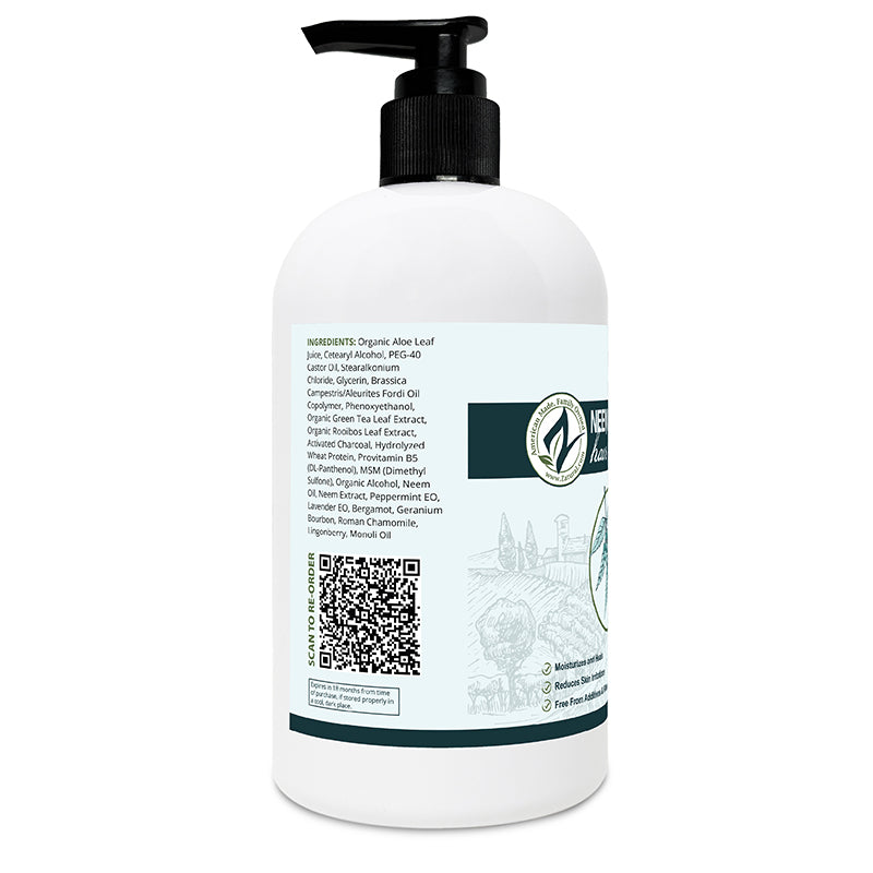 White bottle with black pump and label on a white background