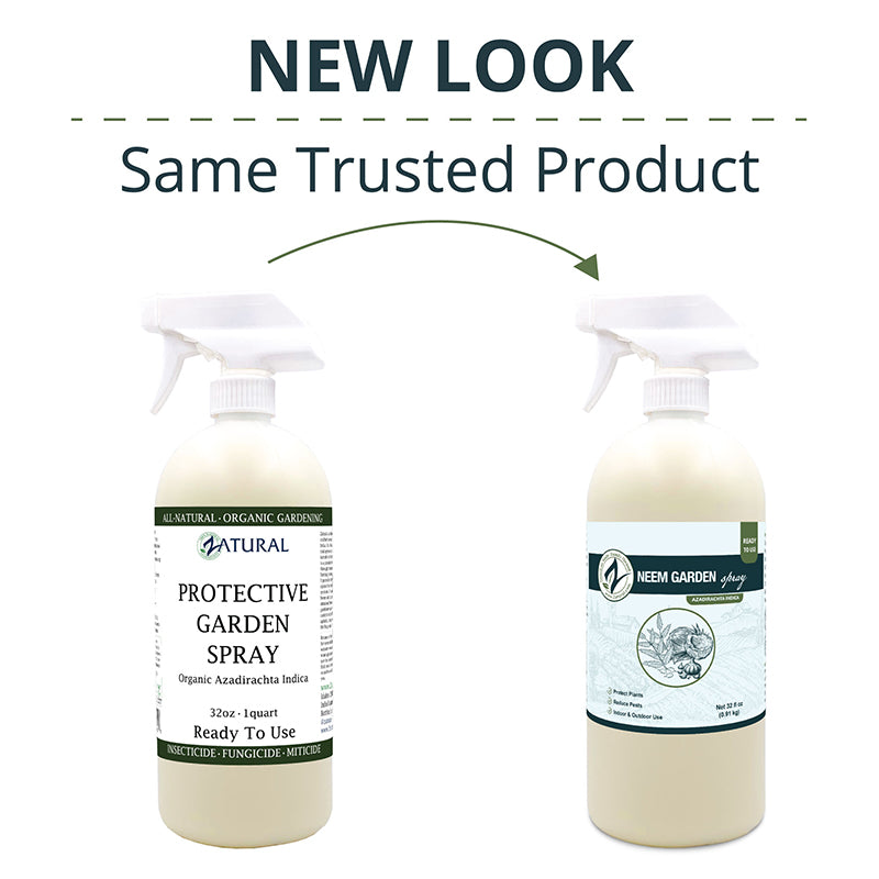 Two bottles of Neem Garden Protective Garden Spray with a 'New Look' label on a white background.