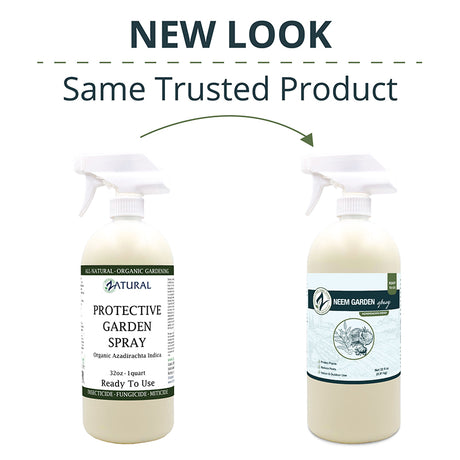 Two bottles of Neem Garden Protective Garden Spray with a 'New Look' label on a white background.