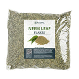 Bag of neem leaf flakes with a label on a white background