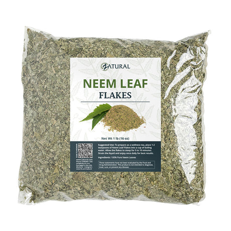 Bag of neem leaf flakes with a label on a white background