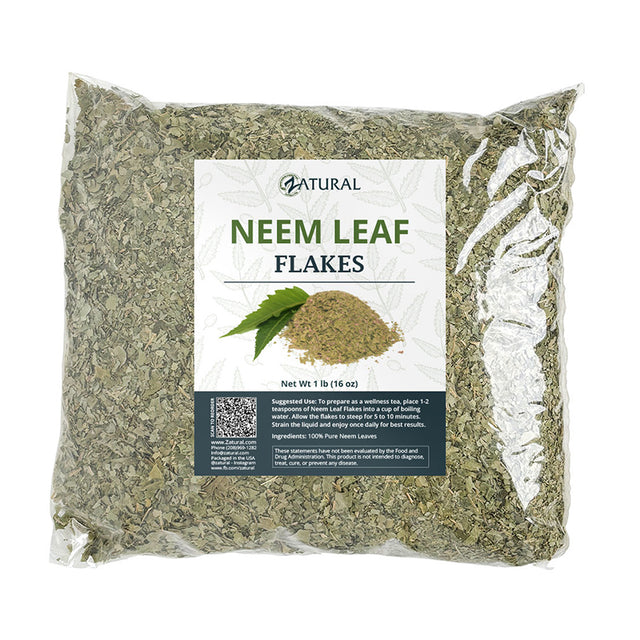Bag of neem leaf flakes with a label on a white background