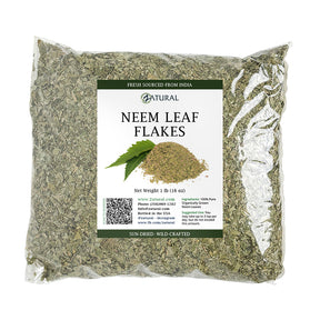 Bag of Neem Leaf Flakes with a label on a white background