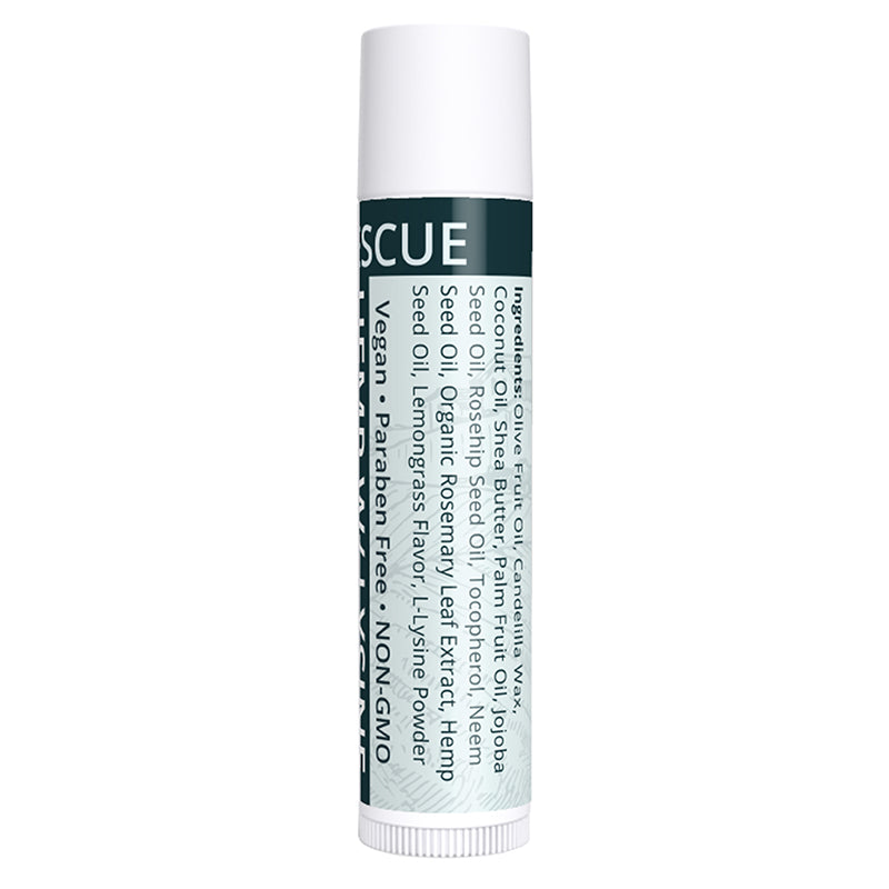 Lip balm tube with 'SCUE' branding on a white background