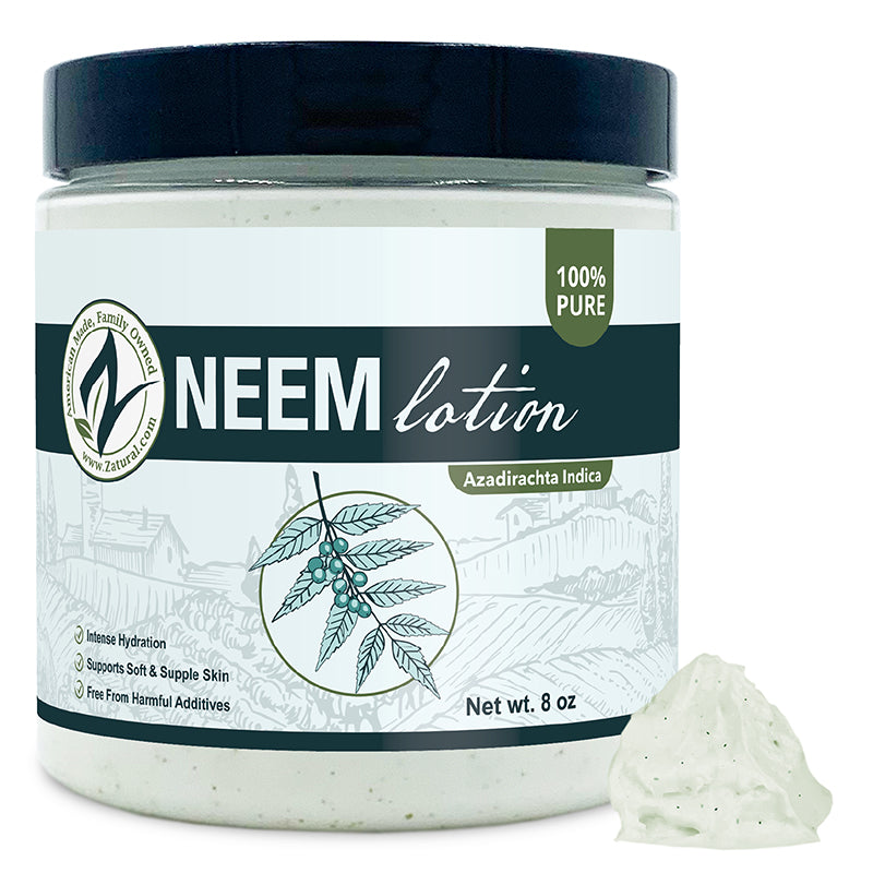 Neem lotion jar with a small amount of lotion on a white background