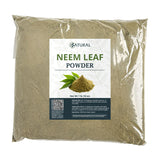 Package of neem leaf powder with a label on a white background