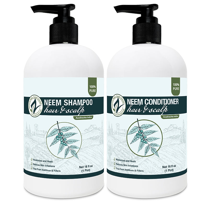 Two bottles of Neem Shampoo and Conditioner on a white background