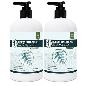 Two bottles of Neem Shampoo and Conditioner on a white background