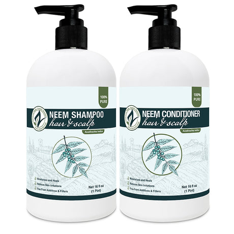 Two bottles of Neem Shampoo and Conditioner on a white background