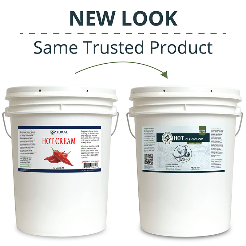 Two white buckets labeled 'Hot Cream' with new and old packaging designs on a white background.