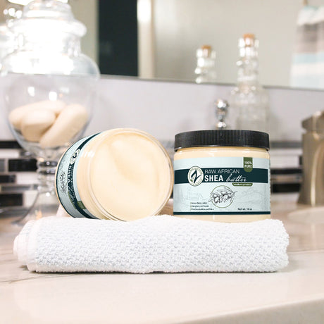 Zatural Raw African Shea Butter on the counter in the bathroom
