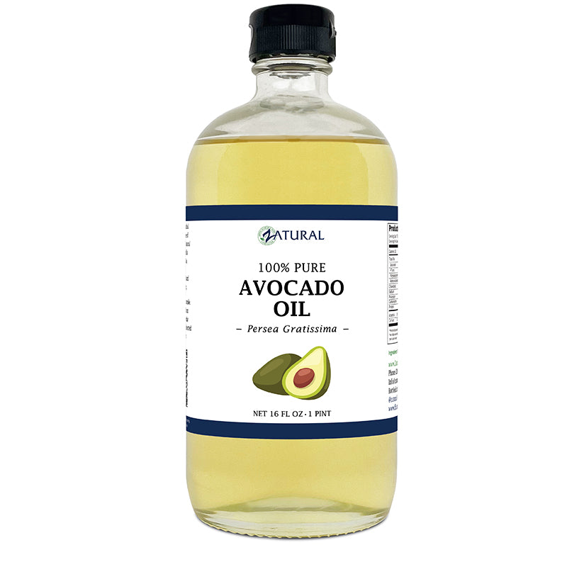 Bottle of 100% pure avocado oil with a label on a white background