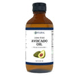 Bottle of 100% pure avocado oil with a label on a white background