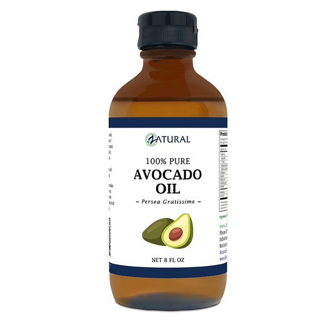 Bottle of 100% pure avocado oil with a label on a white background