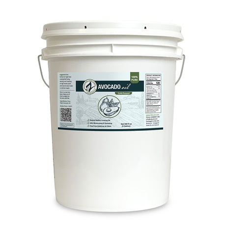 White bucket labeled 'Avocado oil' on a white background