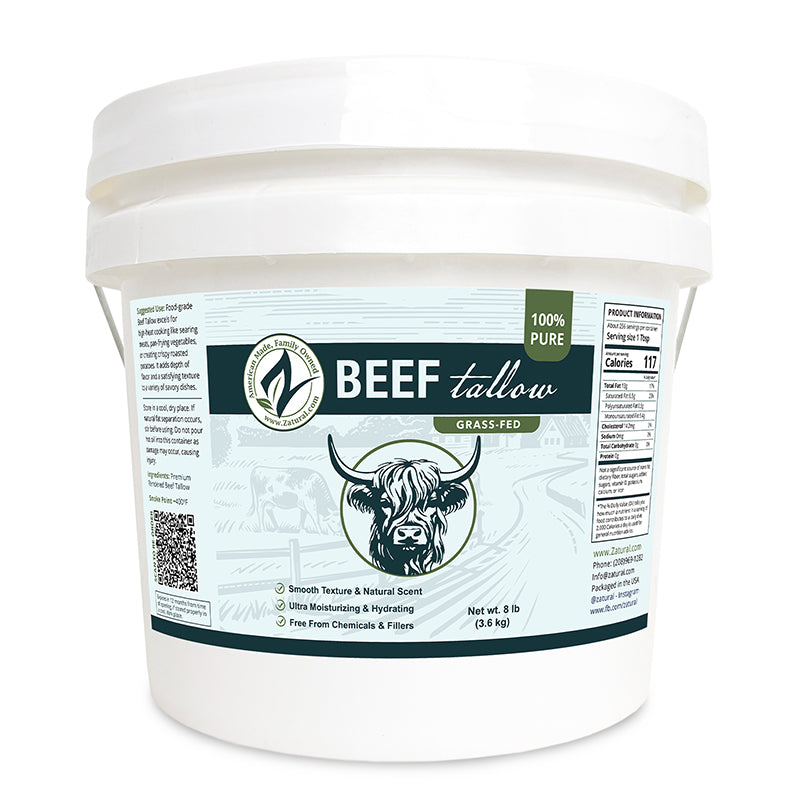 Container of beef tallow with a label on a white background