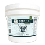 Container of beef tallow with a label on a white background