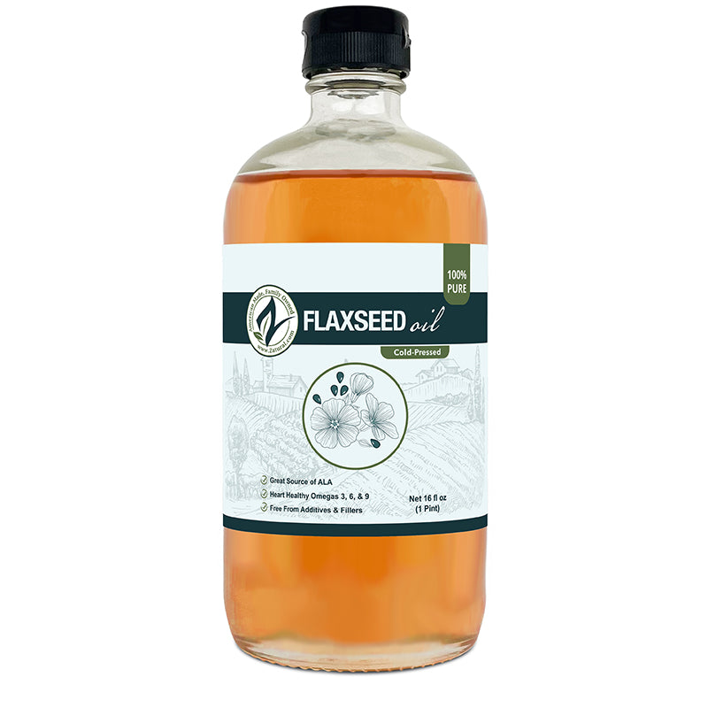 Zatural Flaxseed Oil 16oz glass, front side of label