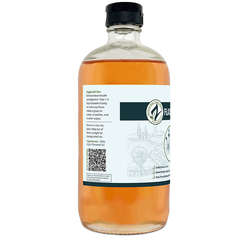 Zatural Flaxseed Oil 16oz glass, left side of label