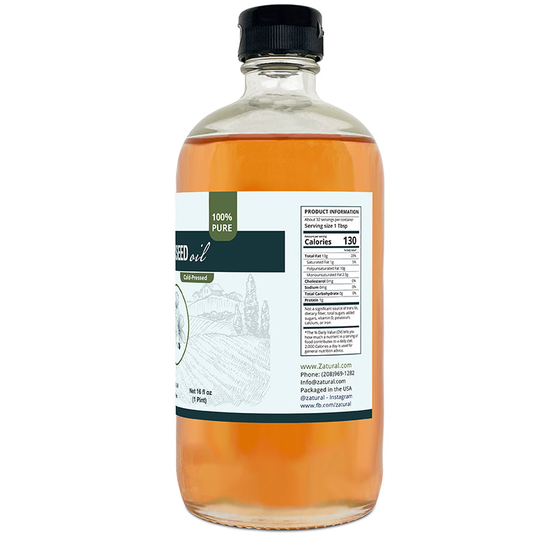 Zatural Flaxseed Oil 16oz glass, right side of label