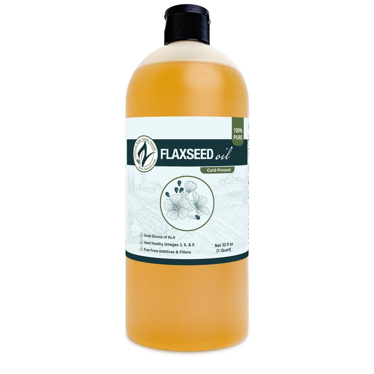 Zatural Flaxseed Oil 32oz, front side of label