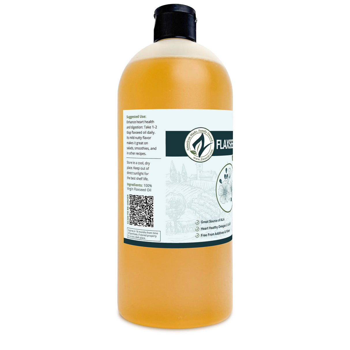 Zatural Flaxseed Oil 32oz, left side of label