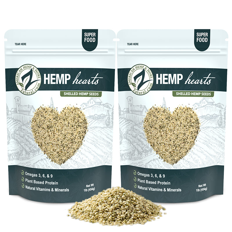 Zatural Hemp Hearts 2 Pack with a pile of hemp hearts