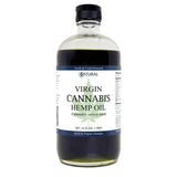Bottle of Virgin Cannabis Hemp Oil with a label on a white background