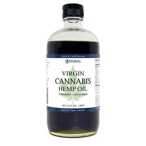 Bottle of Virgin Cannabis Hemp Oil with a label on a white background