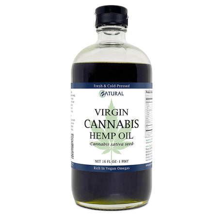 Bottle of Virgin Cannabis Hemp Oil with a label on a white background