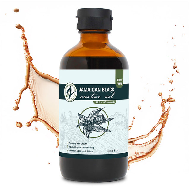 Zatural Black Castor Oil 8oz in a glass bottle splash